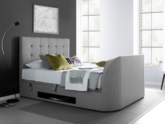 Barnard TV Storage Bed with Headboard in Light Grey Artemis Fabric