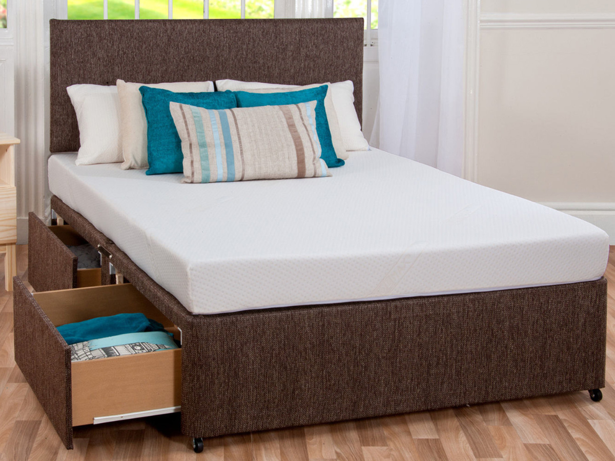 Divan Bed Set Chenille with Gel Sleep Plus Memory Mattress and Headboard Brown