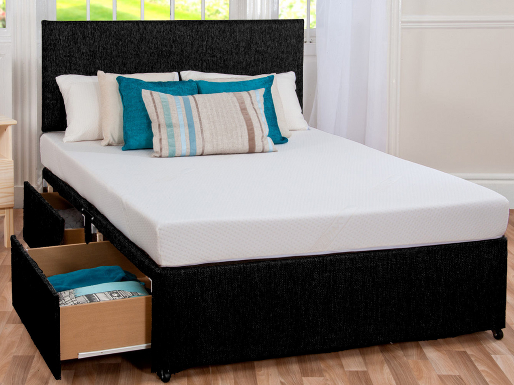 Divan Bed Set Chenille with Gel Sleep Plus Memory Mattress and Headboard Black