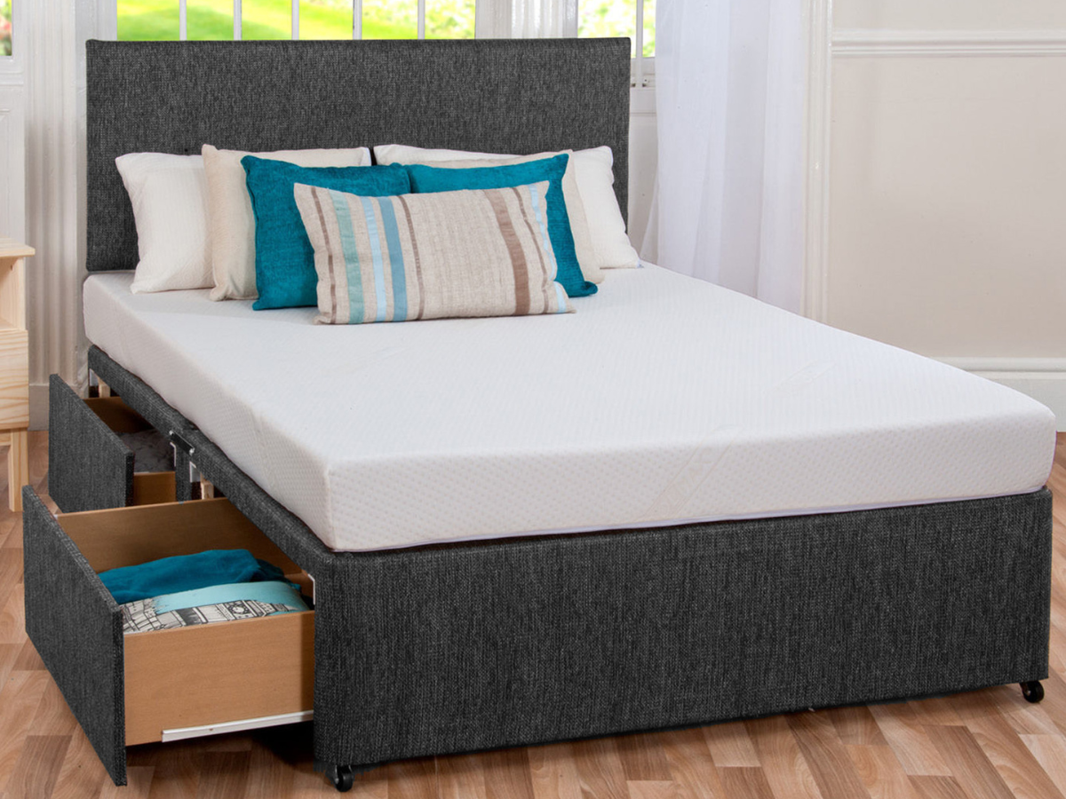 Divan Bed Set Chenille with Gel Sleep Plus Memory Mattress and Headboard Charcoal