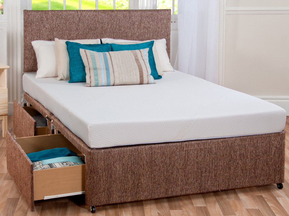 Divan Bed Set Chenille with Gel Sleep Plus Memory Mattress and Headboard Mink