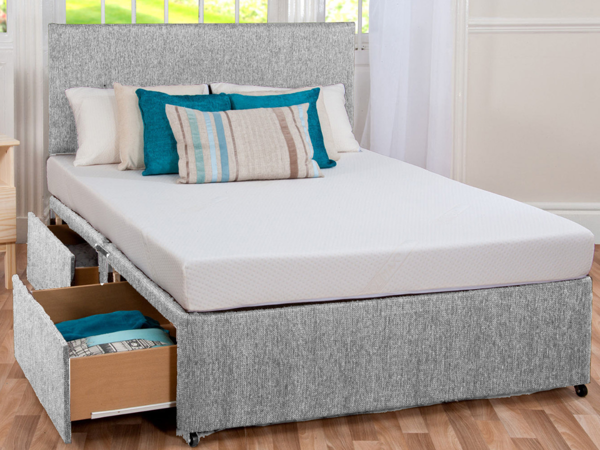 Divan Bed Set Chenille with Gel Sleep Plus Memory Mattress and Headboard Steel Grey