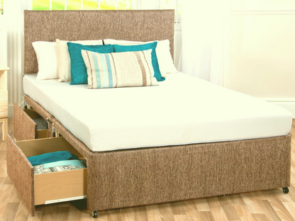 Divan Bed Set Chenille with Gel Sleep Plus Memory Mattress and Headboard Cream
