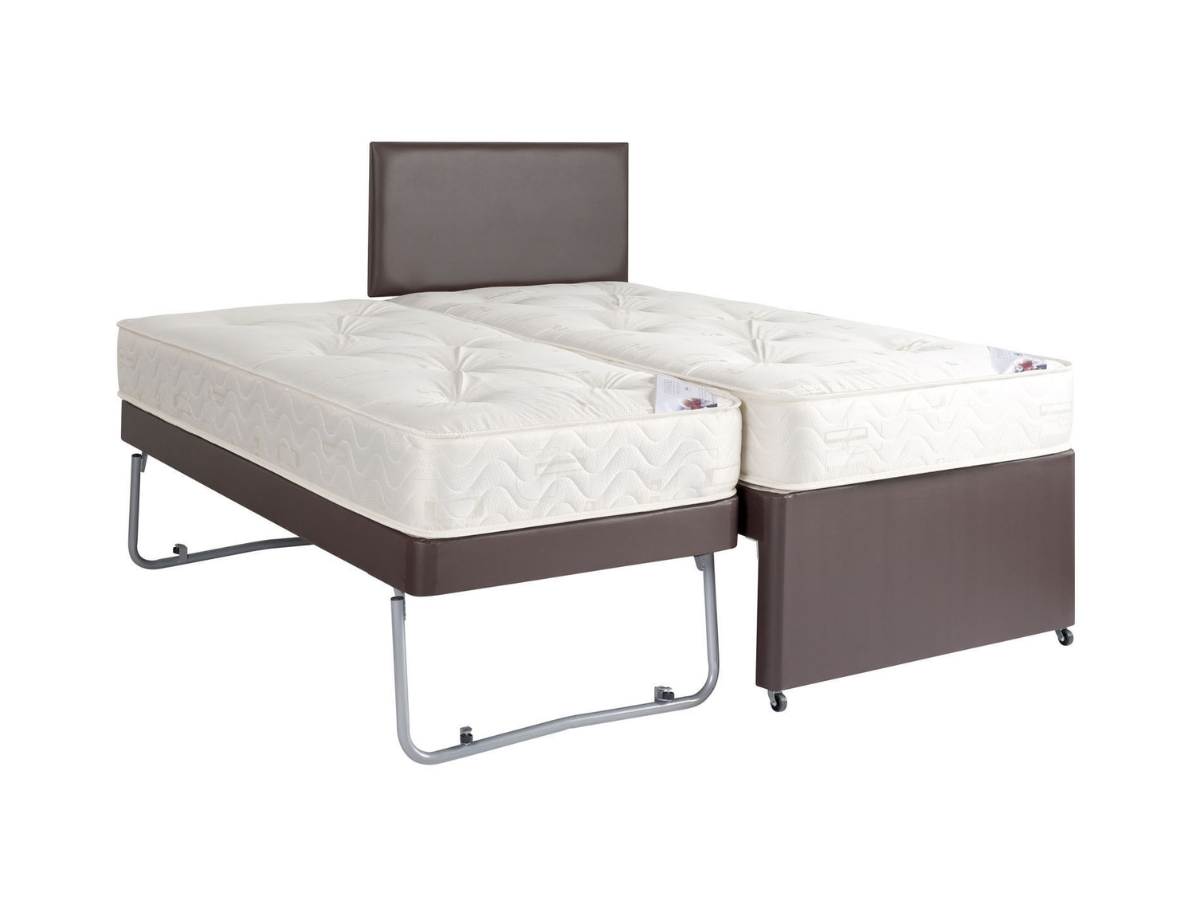 Guest Bed Pull Out Leather with Mattresses Brown