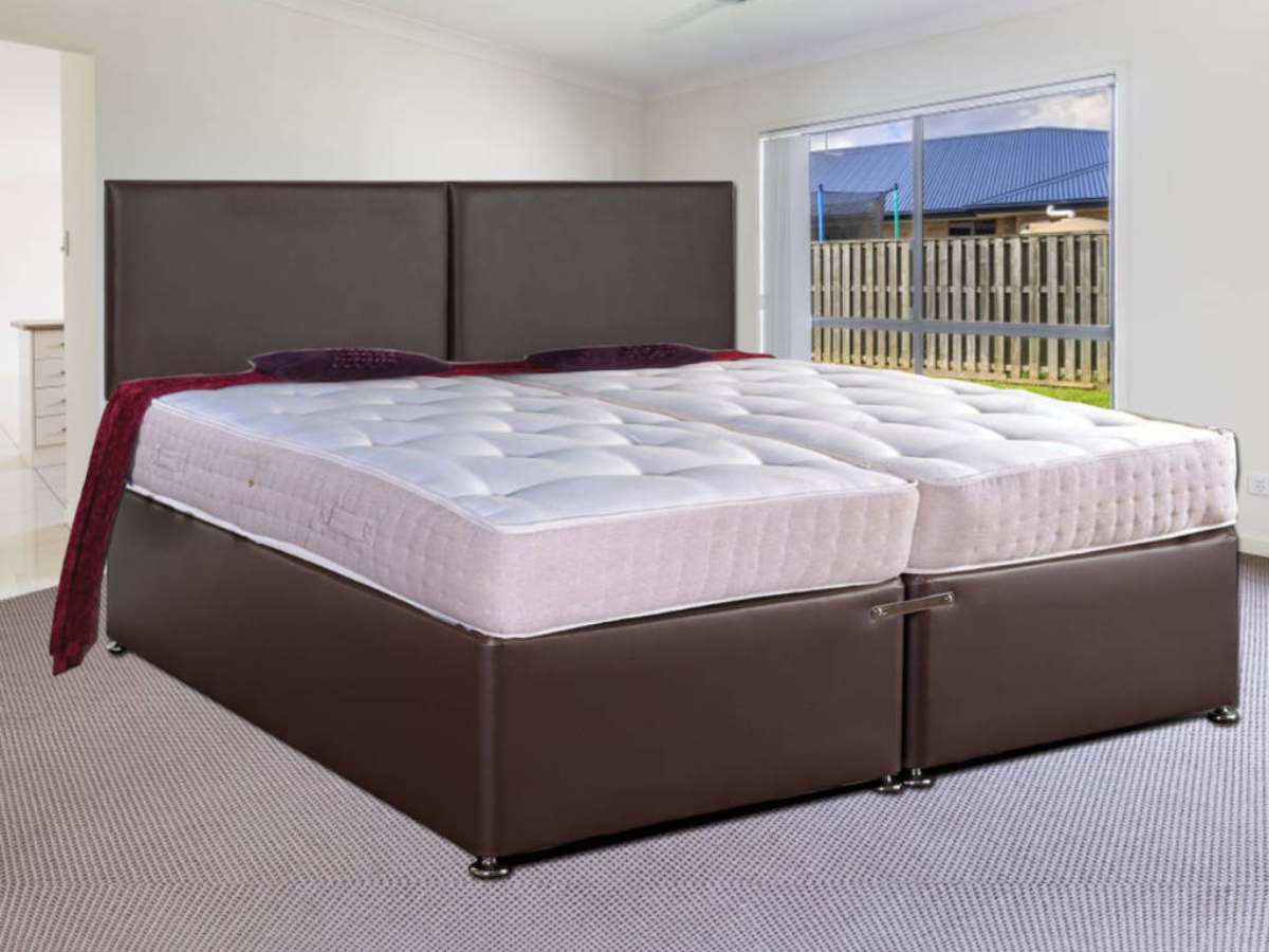 Zip and Link Leather Divan Bed Set with Orthopaedic Mattress Brown